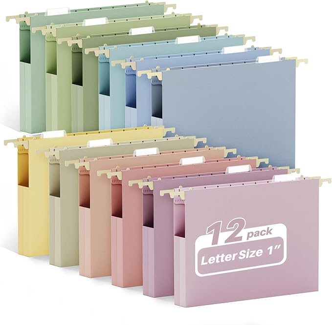 Ansook 12 Pack Hanging File Folders, Plastic Letter Size Hanging Folders with Tabs, Heavy Duty 1 Inch Expansion, Hanging File Folder Organizers for Office School Home Filing Cabinet - Assorted Colors