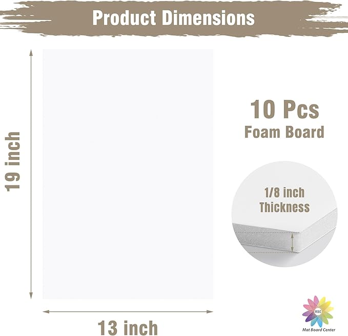 Mat Board Center, Pack of 10 Acid-Free Foam Boards, 13x19 inch White Foam Boards, 1/8" Thick