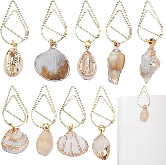 CRASPIRE 9 Styles Sea Shell Paper Clips Bookmark Metal Paperclip with Charms Ocean Seashell Conch Pendants Book Page Markers Journal Clamps for Books Document Note Planner Sort Organizing Office Home