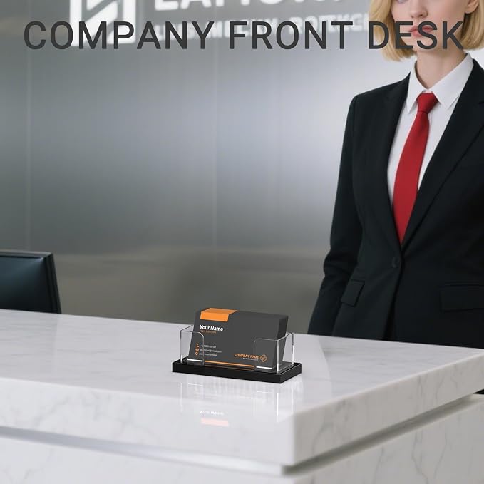 LUGUNU Acrylic Business Card Holder for Desk 2 Pack, Weighted Non-Slip Base Display Stand with 100-Card Capacity, Modern Professional Office Organizer for Home, Trade Shows, or Travel