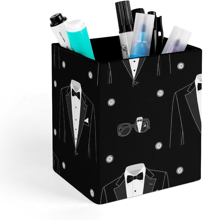 Holder Cup Makeup Brush Storage Organizer, Waterproof Multifunctional Office Supplies, Pen Holder Square Leather Pencil Black Tuxedo