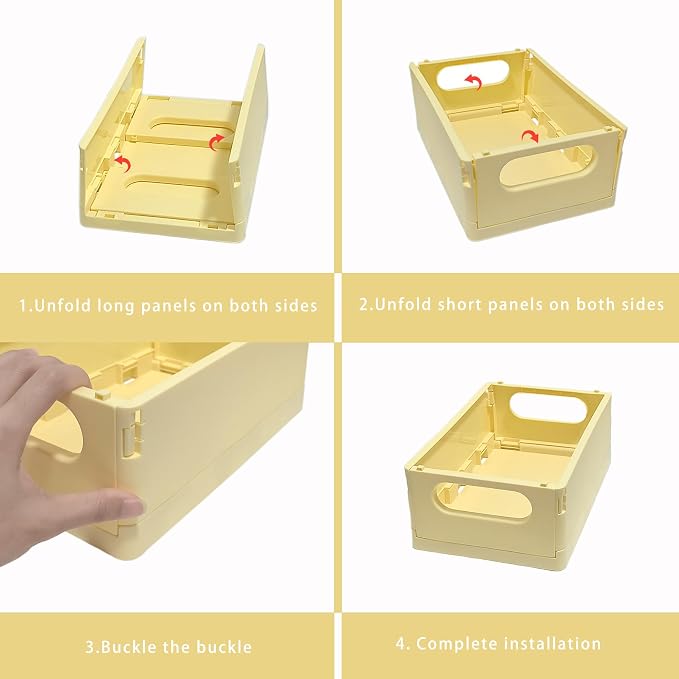Plastic Storage Crate Folding Desk Organizer Basket Set of 4, 2 Medium+2 Small Collapsible Storage Bins Portable Organizing Crates for Office Classroom Kitchen Bedroom Bathroom Desktop Drawer, Yellow