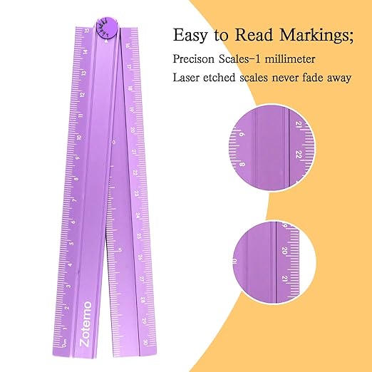 2-in-1 Foldable Metal Ruler & Protractor -15cm Compact to 30cm Extended, Precision Laser Etched Metric Scale, Aluminum Folding Small Ruler for Planner Journaling Drafting Drawing (Lavender)