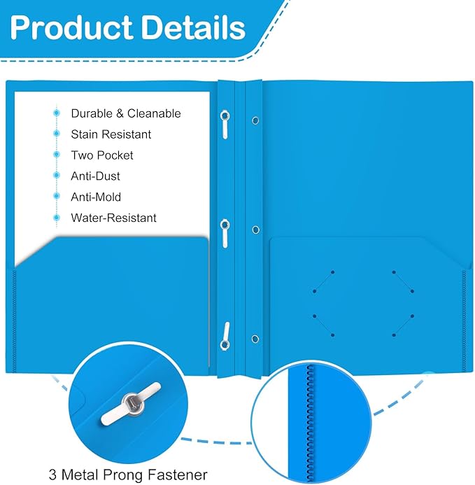 ViVin 12 Pack Plastic Folders with Pockets and Prongs, Heavy Duty 2 Pocket Folders with 3-Prong Fasteners, Poly File Holds 8-1/2" x 11" Paper for School Office Home (Sky Blue)