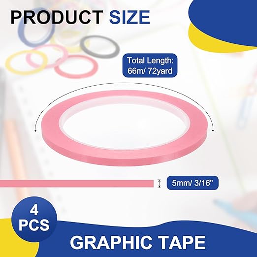 MECCANIXITY Whiteboard Tape 3/16" / 5mm Self Adhesive Graphic Chart Line Tape 72 Yard Grid Marking Stickers for Pinstripe Dry Erase Board Scrapbooking DIY Art Crafts, Pink, Pack of 4
