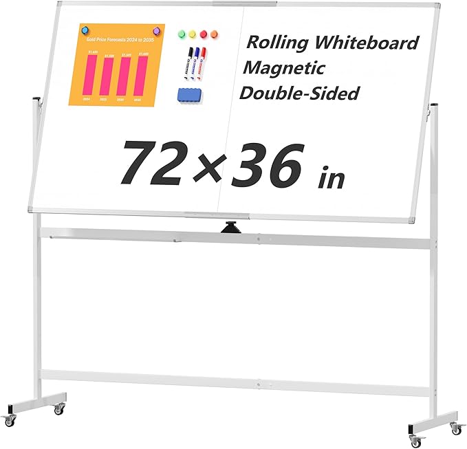 Large Rolling Whiteboard on Wheels, 72" x 36" Double-Sided Mobile White Board with Stand, 6' x 3' Portable Standing Magnetic Dry Erase Board Easel for Home Office Classroom School, Silver
