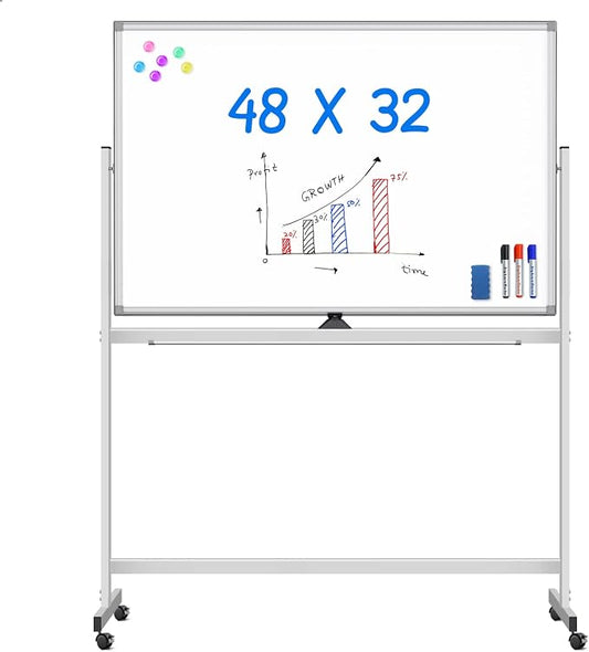 Maxtek Rolling White Board on Wheels 48x32 inch Double Side Magnetic Dry Erase Board with Stand, Aluminum Frame Easel Mobile Standing Whiteboard for Office, Classroom & Home