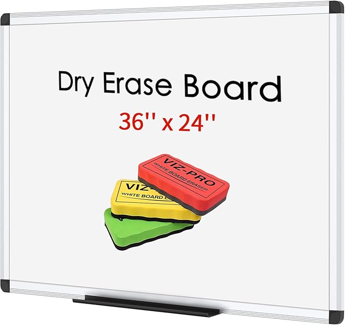 VIZ-PRO Magnetic Dry Erase Board, 36 X 24 Inches, Silver Aluminium Frame, with 3 Colored Erasers