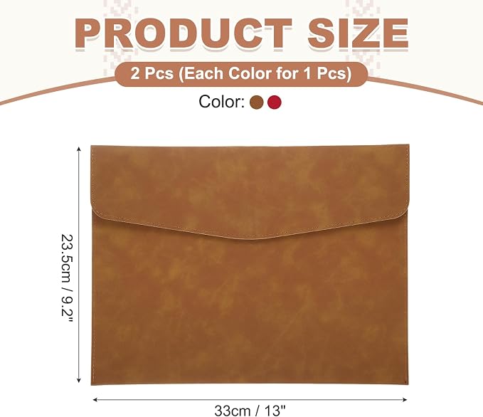 PATIKIL 2Pcs PU Leather File Folders, 13x9 A4 Document Holder Waterproof Envelope Folder with Snap Closure, Portable Portfolio Organizer Case for Paper Receipt, Brown/Red
