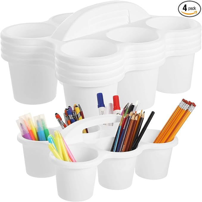 4 PCS Classroom Caddy Organizer, Plastic Desk Storage Bin with Handle, 6-Compartment Pencil Stationery Organizer, Art Supply Caddy for Classroom, Office, Home, Kitchen
