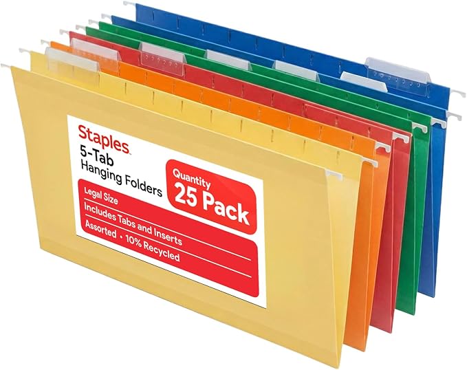 Staples Heavy‑Duty Reinforced Hanging File Folders, Legal Size, 1/5‑Cut Tabs, Assorted Colors, Durable Box‑Bottom Construction – 25/Box