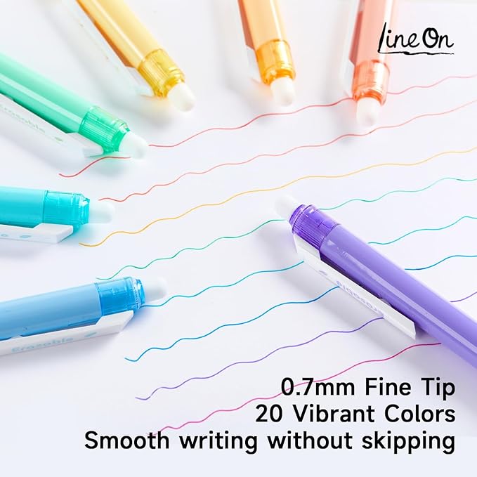 Lineon Erasable Gel Pens, 20 Colors Retractable Fine Point Erasable Pens Clicker, Fine Point(0.7mm), Assorted Color Inks, Make Mistakes Disappear for Drawing Writing Planner and Crossword Puzzles