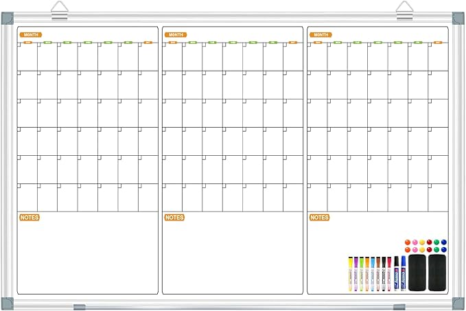 3 Month Wall Calendar Whiteboard, Quarterly Whiteboard Calendar for Wall, 48x28 Inch Magnetic Dry Erase Board, Wall Hanging Aluminum Frame with Tray for Home, School, Office