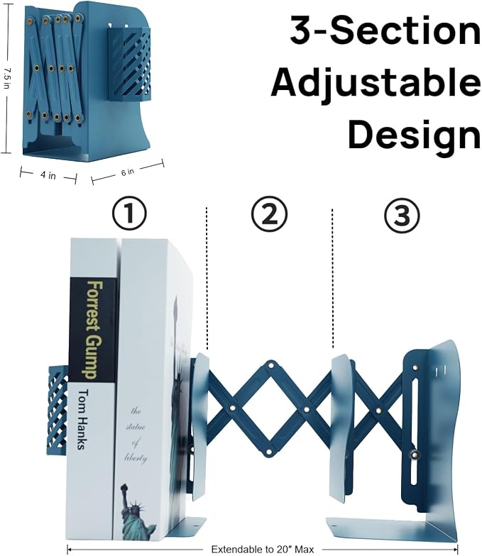 Adjustable Book Ends for Heavy Books, Metal Expandable Bookends for Shelves, Book Organizer Stopper Holder for Desk, Kids Room, Classroom, Office, Library (Blue)