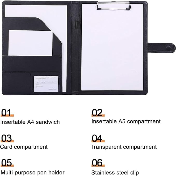 Padfolio Clipboard Folder, A4 Size PU Leather Portfolio Organizer with Cover for A4 Letter Size Notepad, Resume, Writing Pad