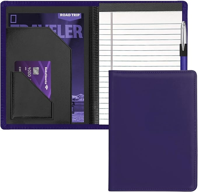 Junior Padfolio Folder - A5 Portfolio Binder Case with 5 x 8 Writing Pad and Interior Storage Pocket Executive Business Organizer for Men Women, Dark Purple.