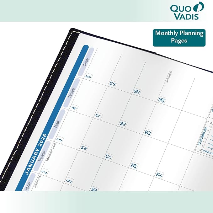 Quo Vadis 2026 Minister - Weekly/Monthly Planner - 12 Months, Jan. to Dec. - 6 1/4 x 9 3/8" - Grained Faux Leather Kali Blue Cover- Time Management Appointment Organizer