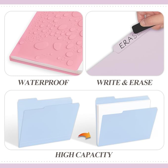 H4D 30 Pack Plastic File Folders Heavy Weight, Poly Colored File Folders 1/3-Cut Tabs with Sticky Labels, Letter Size, Pastel Colors