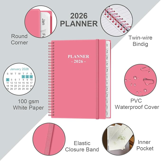 2026 Planner - Planner 2026 from January 2026 to December 2026, Weekly Monthly Planner 2026 with 12 Monthly Tabs, Inner Pocket, 8.5" x 11", Pink