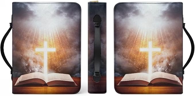 Leather Bible Cover for Girls and Women, Book Case Church Bible Protective with Handle and Zippered Pocket,Bible and Cross,Medium