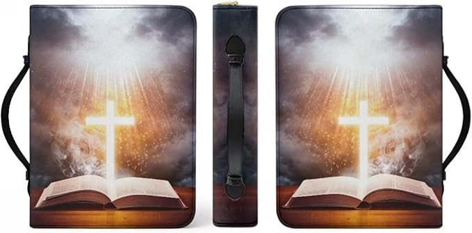 Leather Bible Cover for Girls and Women, Book Case Church Bible Protective with Handle and Zippered Pocket,Bible and Cross,X-Large