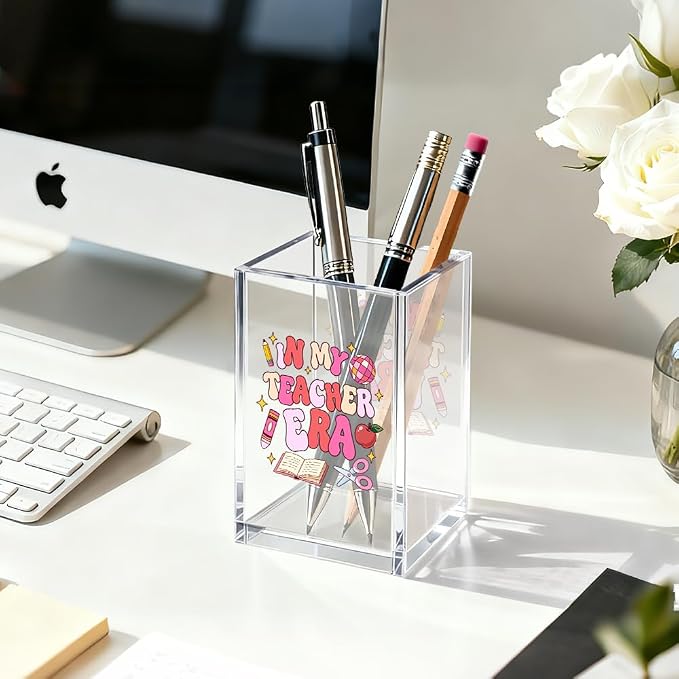 In My Teacher Era Acrylic Pen Holder Cosmetic Organizer, Funny Education Pencil Pen Holder for Desk, Desk Accessories Teacher Appreciation Gifts, Back To School Organizer for Education Scholar