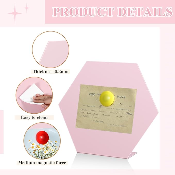 Shimeyao 2 Pcs Magnetic Bulletin Board for Tabletops with 8 Magnets Memo Display Easel Stand for Home Office School Kitchen Table Supplies (Hexagon,Pink,10 x 8.5 Inch)