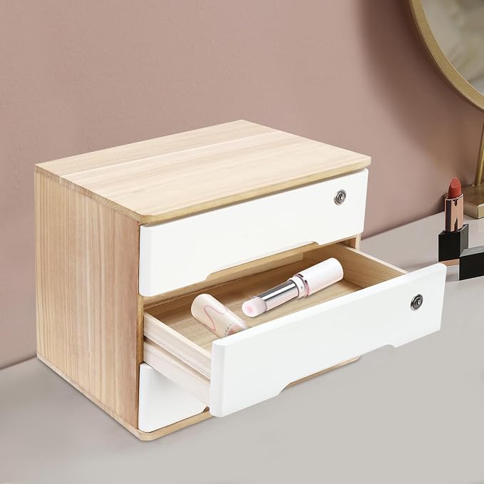 Wooden Desktop Storage Box with Lockable Drawers, Flat File Cabinet Drawer Desktop Storage Box, Countertop Storage Cabinet for Office Home Toiletries Supplies Vanity (natural wood+white, 3 Drawer)