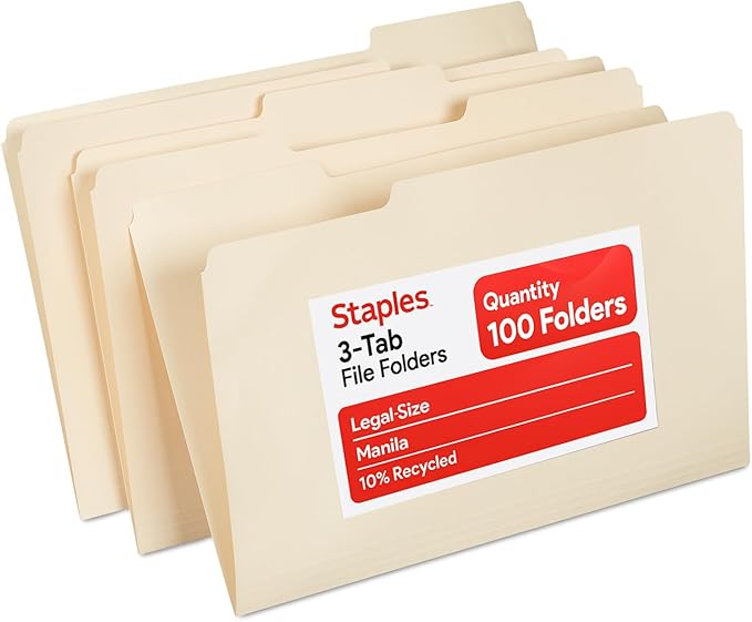 Staples Recycled File Folders, Legal Size, 1/3‑Cut Tabs, Manila, 30% Recycled Paper Stock, 100/Box