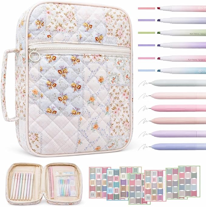 Bible Cover Case For Women,Large Bible Bag with Study Supplies,Quilted Bible Carrying Case for Girls,Portable Bible Case with Highlighter, Pens,Tabs,Bible Study Gifts for Women