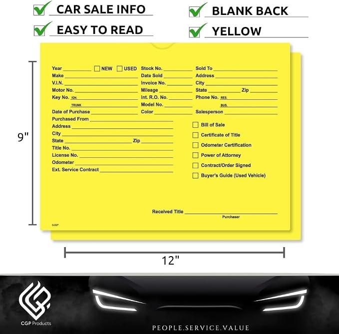Printed Vehicle Deal Jackets Envelopes Folders for Auto Car Dealerships - 9x12 Size - Dealer Supplies - New and Used Cars - 100 Quantity (Yellow)
