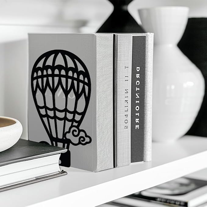 Peacoblue Metal Bookends for Shelves, Modern Decorative Heavy Duty Study Book Support Stoppers for Office, Desk, Shelf, Room 5.3"x4.3"x7.9" Cast Iron Simple Tall Bookends, 1 Pair (Hot Air Balloons)
