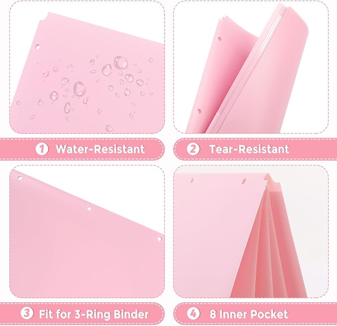 Plastic Pocket Folders，2 Pockets and 3 Dividers, Letter Size – Fits 3-Ring Binders – School Folders for Students & Office Use – Pink & Purple