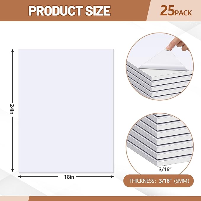 Pushglossy 25 Sheets 18 x 24 x 3/16" Self Adhesive Foam Board White Self-Adhesive Tack Foam Boards Large Free Mounting Poster for Crafts Presentation Vision Board Signboard and Party Decorations