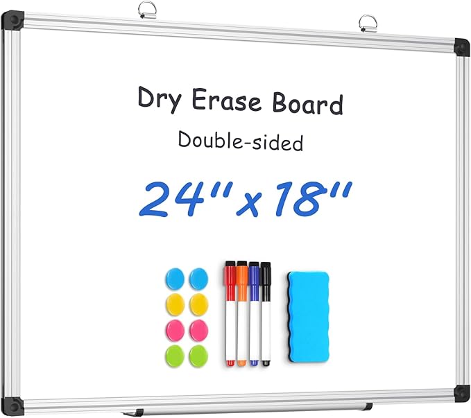 WALGLASS Double Sided White Board Dry Erase, 24''x18'' Small Magnetic Whiteboard for Wall with Aluminum Frame, Hanging Wall Mount Board for Home Office School Kitchen
