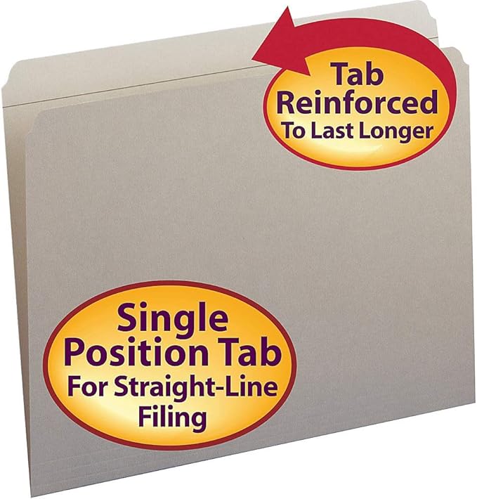 Smead File Folder, Reinforced Straight-Cut Tab, Letter Size, Gray, 100 per Box (12310)