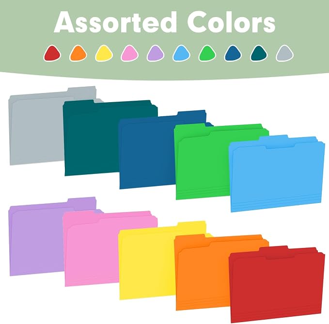 File Folder, RAZCC Colored File Folders, 1/3 Cut Tab File Folder Letter Size, Filing Folders with Tabs for Office School Business Use, Assorted 10 Colors (150 Pack)