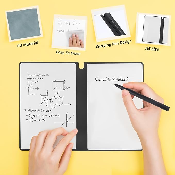 Reusable A5 Dry Erase Notebook Include a Wipeable Pen and Rag,9.4x6.5 Inch Erasable Notebook Whiteboard Notebook,Wipeable Notebook PU Hardcover for Office and Taking Notes(Light Cyan)