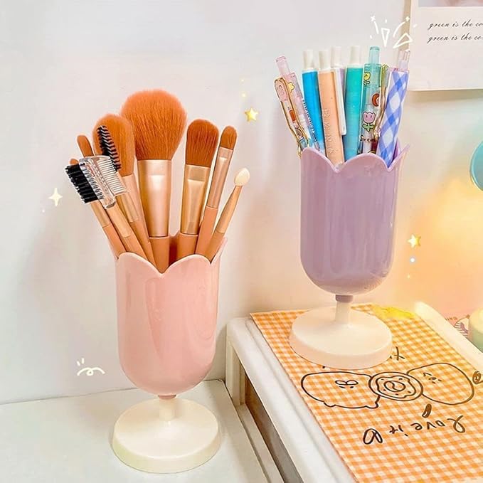 Tulip-Shaped Desk Organizer - Multifunctional Pen Cup with Cable Management for Office and School (Pink)