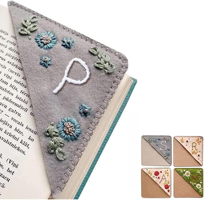 Personalized Hand Embroidered Corner Bookmark, 26 Letters Cute Flower Embroidered Corner Bookmark Embroidery Book Marker Clip for Book Lovers Bookmarks for Reading Lovers Meaningful GIF (Winter, P)
