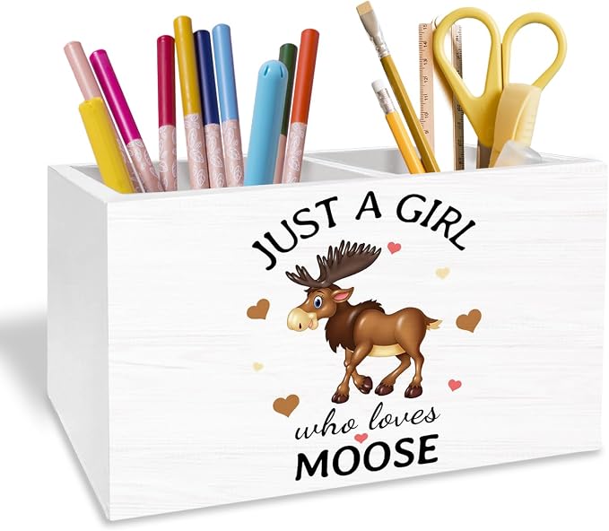 Moose Gifts Pen Holder for Desk, Deer Lover Gifts Pencil Organizer, Just a Girl Who Loves Moose Wooden Box Sign Desk Decor for Home Office Decoration