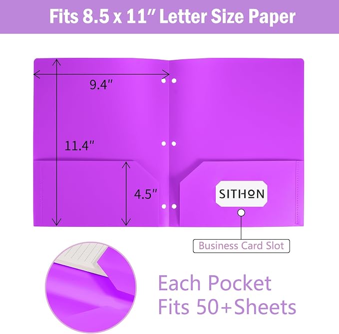 SITHON 6 Pack 2-Pocket Folder for 3-Ring Binders, Durable File Folders with Business Card Slot, Tear Resistant Folder for 8.5x11 inch Letter Size, Back to School Office Filing Supplies, Bright Colors
