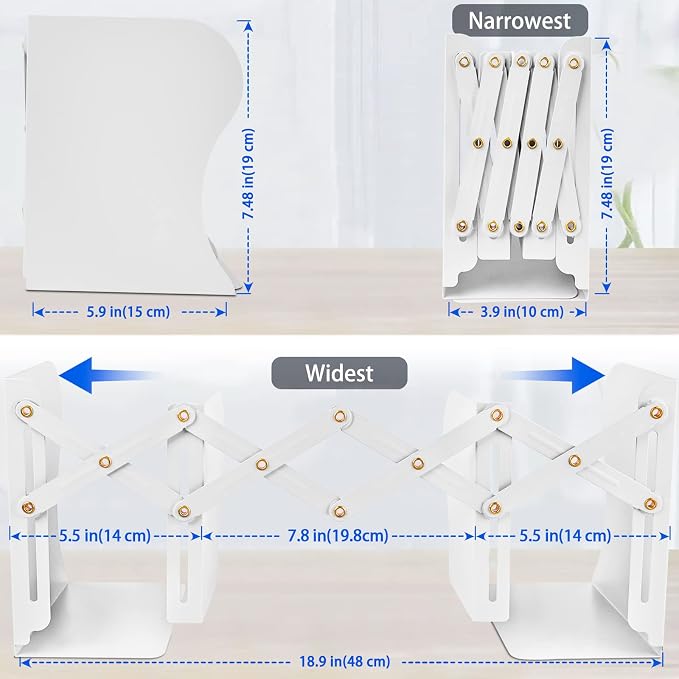 Non Skid Book Ends to Hold Books, Carooyac Heavy Duty Bookends Adjustable Book End, Metal Bookends for Shelves, White Book Holders Organizer for Bookshelf Desk - Extends up to 19"