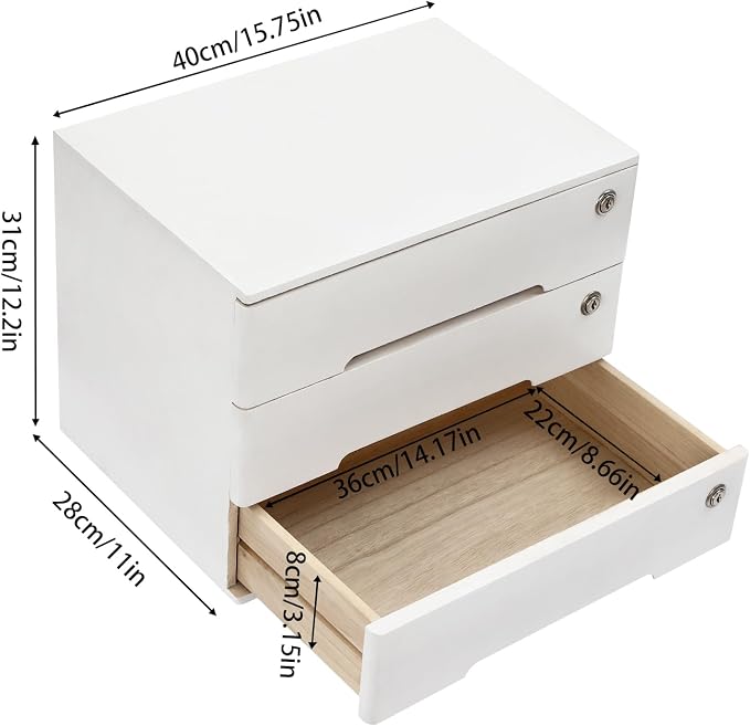 Wooden Desktop Storage Box with Lockable Drawers, Flat File Cabinet Drawer Desktop Storage Box, Countertop Storage Cabinet for Office Home Toiletries Supplies Vanity (White, 3 Drawer)