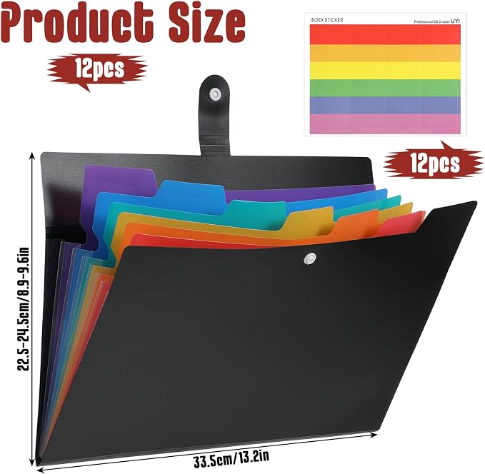 12 PCS Expanding File Folder Set with Labels - Premium A4 Letter Size Accordion Folder, Multi-Color Plastic Accordion File Organizer for Office Home Supplies