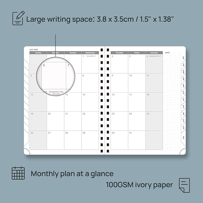 POPRUN 2026 Planner Weekly Notebook (Jan-Dec), Medium 8.5''x 6.5'' - Agenda 2026 Calendar Book with Monthly Tabs, Inner Pocket, Spiral Soft Cover, 100 GSM - Lilac