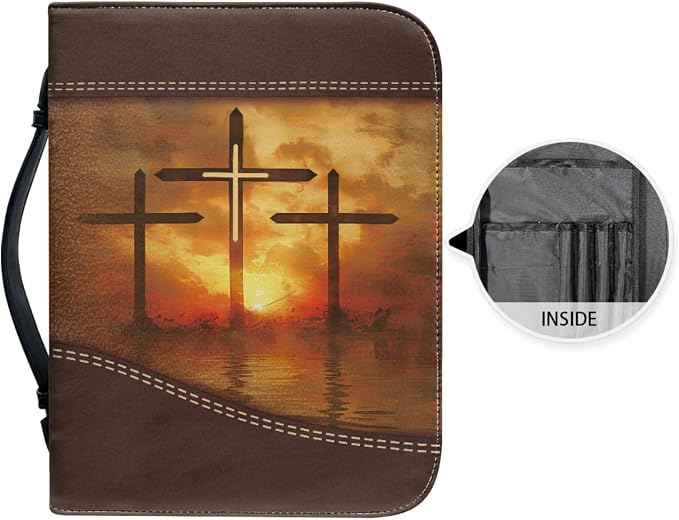 Vintage Sunrise and Cross Bible Case with Bookmark Waterproof Bible Cover Case for Women Lightweight Bible Bag with Handle Pockets Church Book Bag Brown