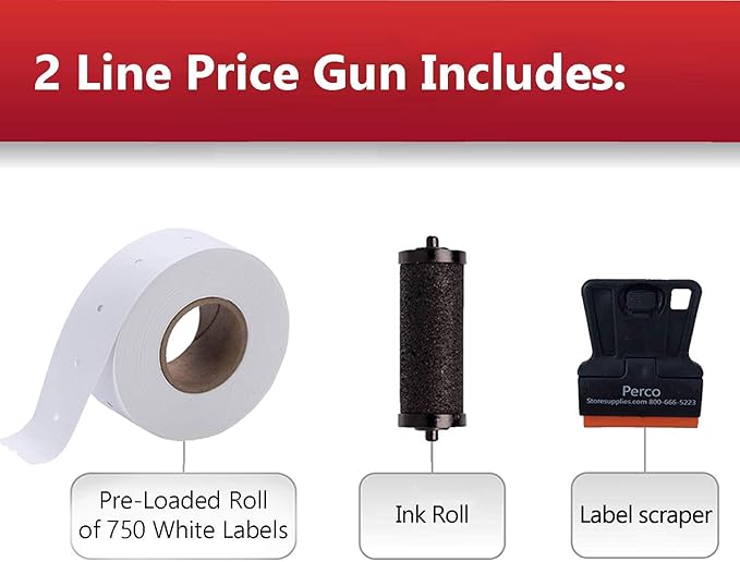 Perco Ink Roll for Perco Pro 1 Line & Perco Pro 2 Line Labelers (Pro Inker 4 Pack) Bundle with Perco Pro 2 Line Price Gun, 8 Digit 2 Line Price Label Gun