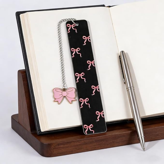 Pink Bowknot Stainless Steel Bookmark - Printed with Cute Bowknot Patterns & Equipped with Heart Pendants, Ideal for Female Readers, Perfect Birthday Gift for Girlfriends (Double-Sided B)