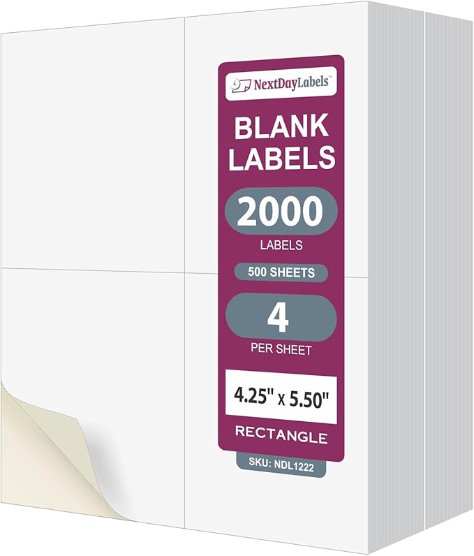 NextDayLabels 4.25x5.5 Inch Rectangle Stickers White Blank Labels for Laser Inkjet Printer - 4 Per Sheet Self-Adhesive Shipping Mailing Address Made in USA - 2000 Labels